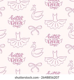 Ballet Dancer Girl Dress Hand Drawn Seamless Pattern. Cute Ballerina Accessories Girlish Background. Vintage Wallpaper, Fabric Design Vector Illustration