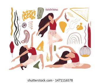 Ballet dancer girl icon set. Modern color dance poses drawing. Abstract vector illustration. Flat and Hand drawn brush ink textured art.