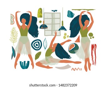 Ballet dancer girl icon set. Modern dance poses drawing. Abstract vector illustration. Flat and Hand drawn brush ink textured art.