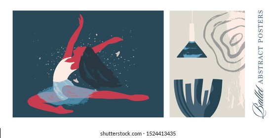 Ballet dancer girl interior poster set. Ballerina illustration. Abstract vector collection. Flat and Hand drawn brush ink textured art.
