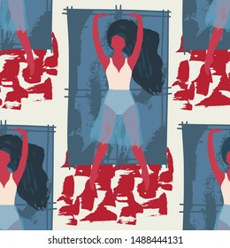 Ballet dancer girl near the window seamless pattern. Abstract vector illustration. Flat and Hand drawn brush ink textured art.