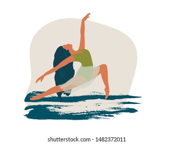 Ballet dancer girl poster. Ballerina card. Abstract vector illustration. Flat and Hand drawn brush ink textured art.