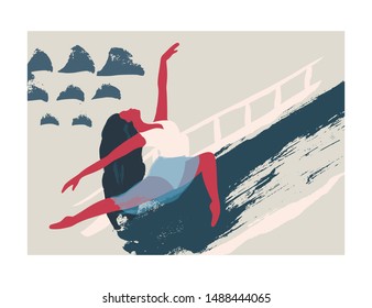 Ballet dancer girl poster. Ballerina card. Abstract vector illustration. Flat and Hand drawn brush ink textured art.