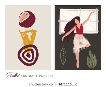 Ballet dancer girl poster set. Ballerina near the windowi llustration. Abstract vector collection. Flat and hand drawn brush ink textured art.