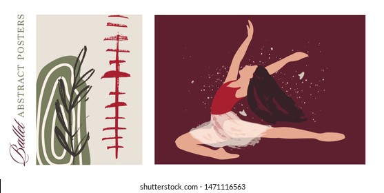Ballet dancer girl poster set. Ballerina modern illustration. Abstract vector collection. Flat and Hand drawn brush ink textured art.