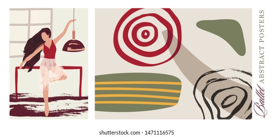 Ballet dancer girl poster set. Ballerina in class illustration. Abstract vector collection. Flat and Hand drawn brush ink textured art.