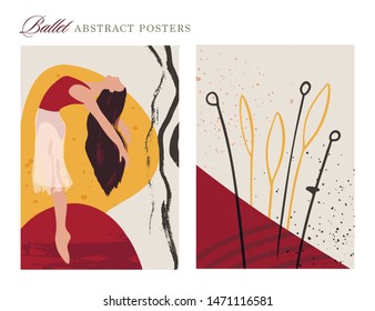 Ballet dancer girl poster set. Ballerina and floral illustration. Abstract vector collection. Flat and Hand drawn brush ink textured art.