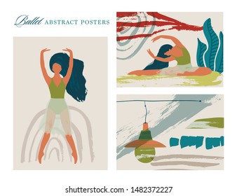 Ballet dancer girl poster set. Ballerina illustration. Abstract vector collection. Flat and Hand drawn brush ink textured art.