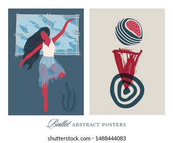 Ballet dancer girl poster set. Ballerina modern illustration. Abstract vector collection. Flat and Hand drawn brush ink textured art.