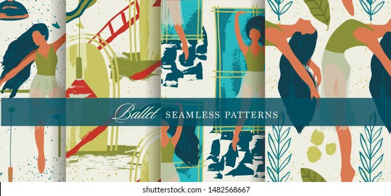Ballet dancer girl seamless pattern set. Abstract vector illustration. Flat and Hand drawn brush ink textured art collection.