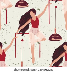 Ballet dancer girl seamless pattern. Abstract vector illustration. Flat and Hand drawn brush ink textured art.