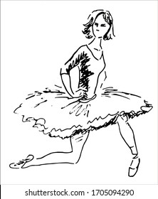 Ballet dancer girl standing on one knee. Hand drawn black sketch, vector.