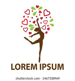 ballet dancer with hearts and leaves, vector logo template