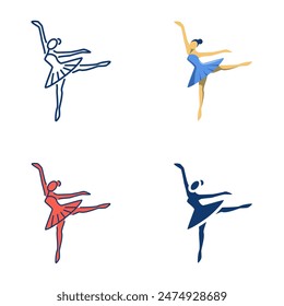 Balletttänzer-Icon im flachen und Linienstil gesetzt. Ballerina in arabesker Lage. Vektorillustration.