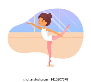 Ballet dancer lesson flat vector illustration. Little ballerinas practicing dance movements cartoon characters. Cute girls in dancehall learning classical ballet steps. Art studio choreography lesson