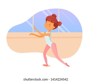 Ballet dancer lesson flat vector illustration. Little ballerinas practicing dance movements cartoon characters. Cute girls in dancehall learning classical ballet steps. Art studio choreography lesson