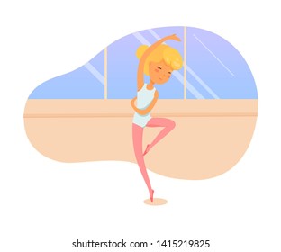 Ballet dancer lesson flat vector illustration. Little ballerinas practicing dance movements cartoon characters. Cute girls in dancehall learning classical ballet steps. Art studio choreography lesson