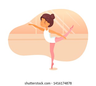 Ballet dancer lesson flat vector illustration. Little ballerinas practicing dance movements cartoon characters. Cute girls in dancehall learning classical ballet steps. Art studio choreography lesson