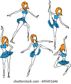  Ballet dancer movements. Red-haired girl in a blue skirt. Vector illustration isolated on white background
