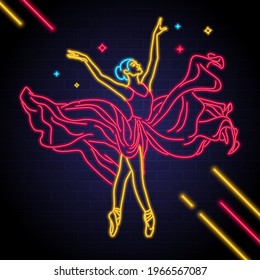 Ballet Dancer Neon Light Glowing Vector. Woman Neon Light Glowing Dancer