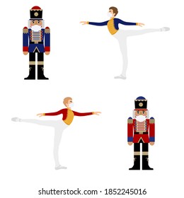 Ballet dancer, Nutcracker in face medical mask, ballet during the corona pandemic, wooden dolls. Christmas collection. Vector element.