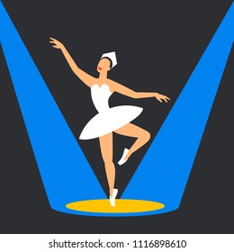 Ballet dancer on stage. ballerina dancing in the highlights. flat style image on a dark background. Vector illustration