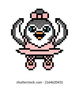 Ballet dancer penguin girl in a tutu dress and pointe shoes, pixel art animal character isolated on white background. Retro 80s, 90s 8 bit slot machine, video game graphics. Cartoon ballerina mascot.