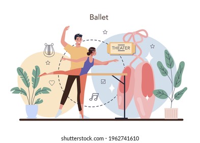 Ballet dancer rehearsing in pointe shoes. Choreographer in a dance studio.