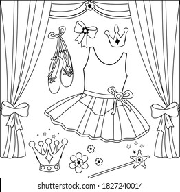 Ballet con accesorios adorables de bailarina. Página de color blanco y negro del vector