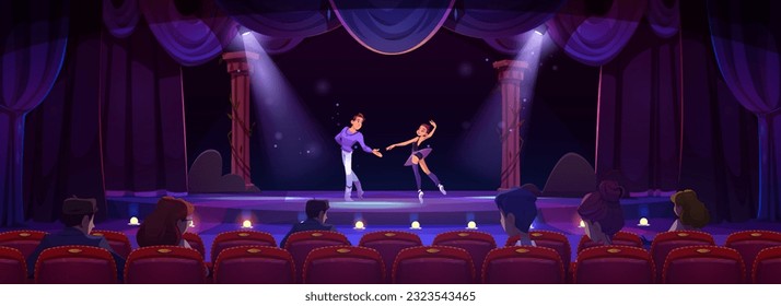 Ballet dancer show on stage with curtain background. Woman and man couple on broadway theater scene with audience. Spotlight at night theatrical and dramatic event on podium. Theatre hall interior