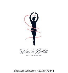 Ballet dancer silhouette with ribbons logo design template