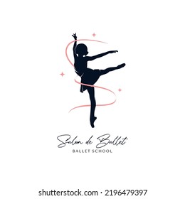 Silueta de bailarín de ballet con cintas y plantilla de diseño del logotipo de las estrellas