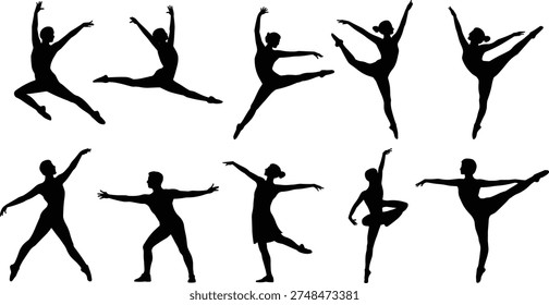 Ballet dancer silhouettes, graceful pose icons, black vector dancers, elegant movement, editable, isolated, dance clipart, artistic, expressive, stylish