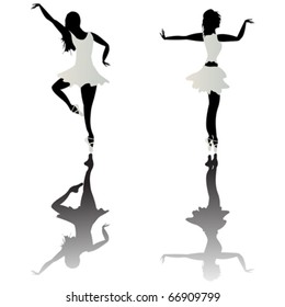 Ballet dancer silhouettes and reflection over white background