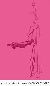 ballet dancer sketch behind a curtain cloth with a pink background