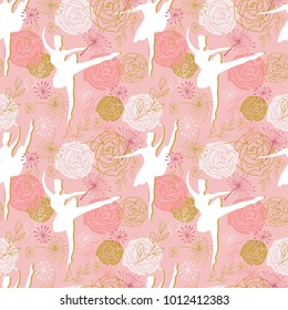 Ballet dancer. Vector seamless pattern with ballerinas and rose flowers in pink, white and gold colors. 