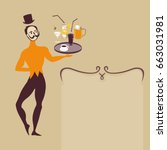 ballet dancer waiter with various drinks like coffee beer cocktail and refreshments art deco retro style illustration with text frame
