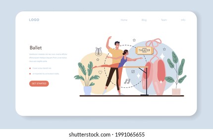 Ballet dancer web banner or landing page. Artist rehearsing in pointe shoes. Choreographer in a dance studio. Classical ballet dance. Vector Illustration