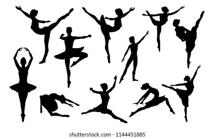 Ballet dancer woman in silhouette dancing in various poses and positions