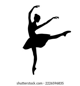 Ballet dancer woman silhouette in jump or tip yoe pose. Flat vector illustration