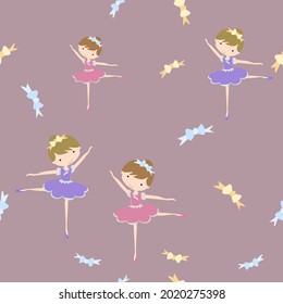 ballet dancer.little ballerinas, fairies in a magnificent dress with a bow in their hair dance. vector graphics. seamless pattern