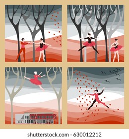 Ballet dancers in autumn forest. Vector design.