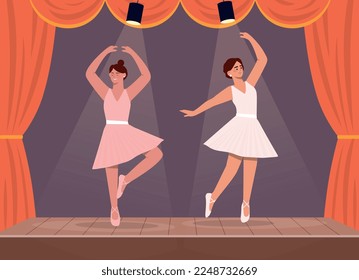 Ballet dancers concept. Women and young girls in dress on stage. Creativity and art, creative characters perform. Aesthetics and elegance. Poster or banner for site. Cartoon flat vector illustration