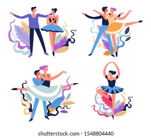 Bailarines de ballet. Pareja, bailarina con pareja que actúa en movimiento, posiciones de arte de danza clásica. Bailarina en tutu haciendo movimiento de piruetas y torbellino. Ilustración vectorial, fondo follaje abstracto.