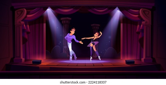 Ballet dancers couple dance on theater stage with red curtains and spotlights. Ballerina in tutu performs with man wear artistic costumes on classic scene in light beams, Cartoon vector illustration