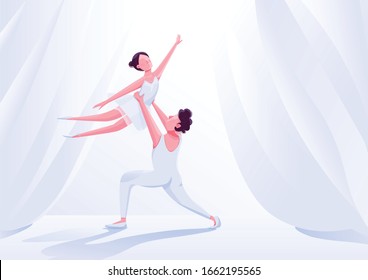 Ballet dancers couple performance flat color vector illustration. Theatre dance partners movement on stage 2D cartoon characters. Graceful ballerina in tutu on white curtains background