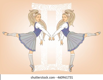 Ballet dancers in graceful poses. Vector illustration of zodiac signs. Elegant girl in a school uniform. Colorful zodiac sign - Gemini. Picture on a theme of astrology.