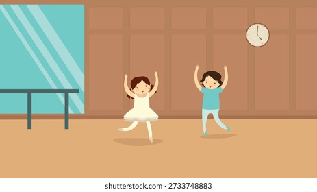 Ballet dancers in the hall. Vector illustration in flat style.