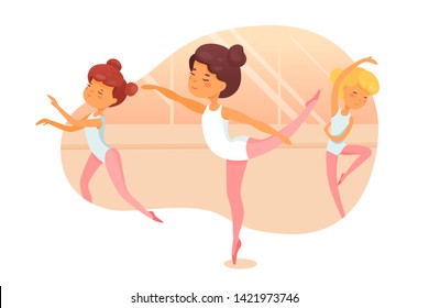 Ballet dancers lesson flat vector illustration. Little ballerinas practicing dance movements cartoon characters. Cute girls in dancehall learning classical ballet steps. Art studio choreography lesson