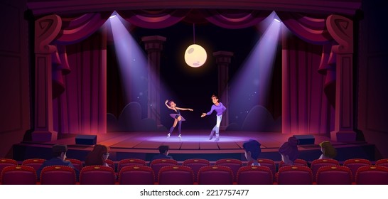 Balletttänzer treten auf der Theaterszene auf. Ballerina und Künstler tragen Trachten auf der klassischen Bühne mit roten Vorhängen, Scheinwerfern, Mond und Menschen auf Stühlen, Vektorgrafik Cartoon